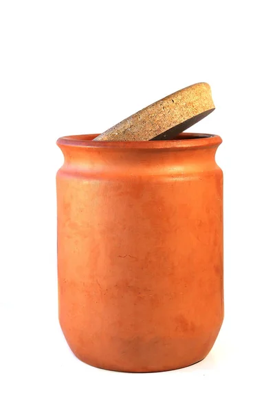 Mehl Vorratsbehälter Isoliert Auf Weißem Hintergrund Keramiktopf Mit Korkdeckel — Stockfoto