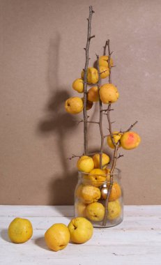 Cam kavanozdaki Chaenomeles meyvelerinin bileşimi. Beyaz ahşap masa üzerinde olgun meyvelerle Maules ayva çalısı hala hayat. Yenilebilir turunçgiller.