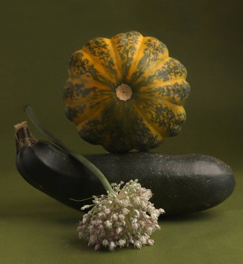 Still life with zucchini, pattison and leek flower. clipart