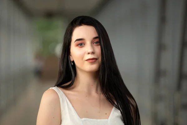 Retrato Uma Bela Morena Vestido Leve Rua Uma Travessia Pedestre — Fotografia de Stock