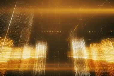 ikili kod alanı sanal bir dijital şehirde 3D illüstrasyon soyut uçuş