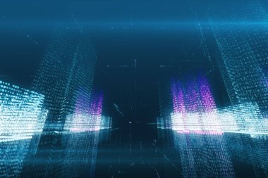 ikili kod alanı sanal bir dijital şehirde 3D illüstrasyon soyut uçuş