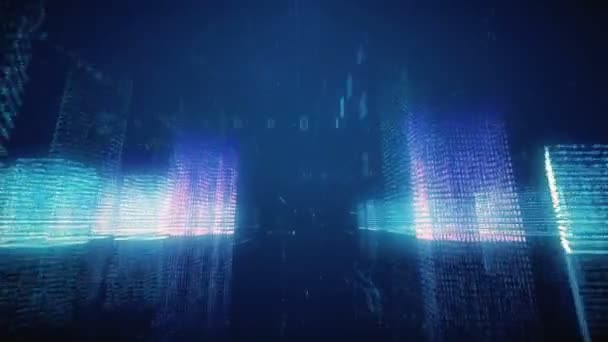 Vuelo abstracto sin fisuras en una ciudad digital virtual en un espacio de código binario, color azul — Vídeo de stock