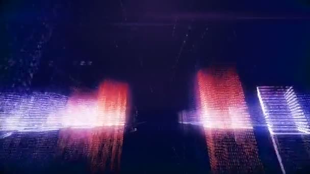 Безшовний абстрактний політ у віртуальному цифровому місті у двійковому просторі коду, фіолетовий колір — стокове відео