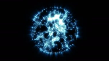 Parlak noktalar, çizgiler ve çokgenler ile inşa animasyonlu soyut mavi parlak küre dönen