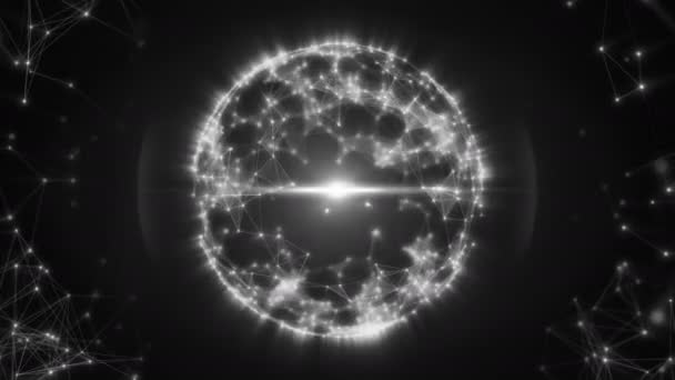 Esfera abstrata de pontos brancos plexos conectados e linhas e uma luz pulsante no centro — Vídeo de Stock