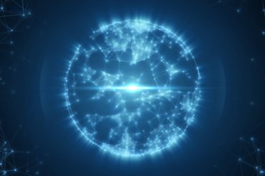 Soyut küre bağlı plexus beyaz noktalar ve çizgiler ve merkezi 3d resimde bir titreşimli ışık