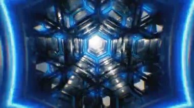 Metalden yapılmış parlak bir futuristik koridor sonsuz kesintisiz uçuş