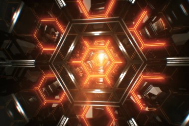 Sonsuz 3d çizim uçuş metalden yapılmış parlak bir futuristik koridor