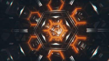 Sonsuz 3d çizim uçuş metalden yapılmış parlak bir futuristik koridor