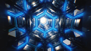 Sonsuz 3d çizim uçuş metalden yapılmış parlak bir futuristik koridor