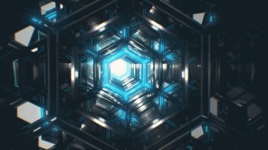 Sonsuz 3d çizim uçuş metalden yapılmış parlak bir futuristik koridor