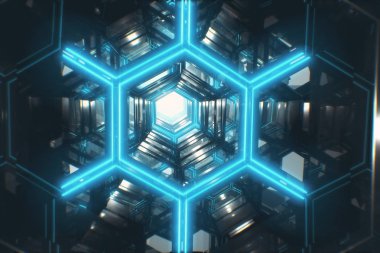 Sonsuz 3d çizim uçuş metalden yapılmış parlak bir futuristik koridor