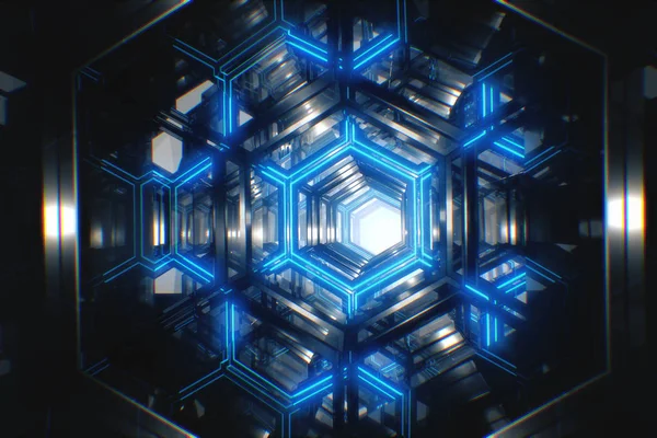 Sonsuz 3d çizim uçuş metalden yapılmış parlak bir futuristik koridor