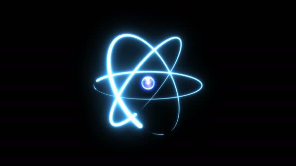 Ijzige atoom cirkel magic glanzend rotatie rond de kern op een zwarte achtergrond — Stockvideo