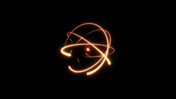 Ardiente círculo átomo magia brillante rotación alrededor del núcleo sobre un fondo negro — Vídeos de Stock