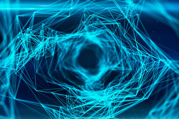 Трехмерная иллюстрация Flying Through Digital Data Tunnel made of digital nodes and connection paths
