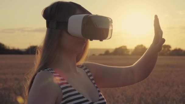 Schöne Mädchen in einem goldenen Weizenfeld nutzt Virtual-Reality-Brille im Sonnenuntergang in Zeitlupe — Stockvideo