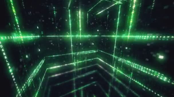 Вращающийся куб с шестнадцатеричным машинным кодом Абстрактный технологический фон с бесшовной петлей зеленого цвета — стоковое видео