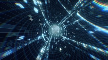 Veri fiber optik kablo içinde yolculuğun 3d illüstrasyon atış tünel. İkili bir sinyal olarak dijital bilgi iletimi