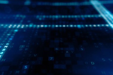 Animasyon soyut mavi teknoloji arka plan. Onaltılık bilgisayar kodu. Programlama kodlama Hacker kavramı 3d çizim