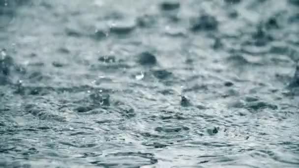 Дождь падает на поверхность в замедленной съемке, капли воды распыляют в разных направлениях — стоковое видео