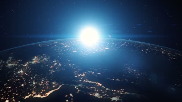Zonsopgang van de blauwe digitale zon boven de aarde vanuit de ruimte — Stockvideo