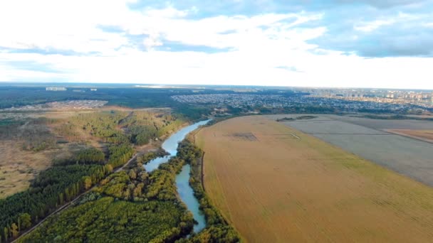Flug in die schöne Landschaft inmitten eines Flusses aus Wald und Feldern in der Nähe der Stadt — Stockvideo