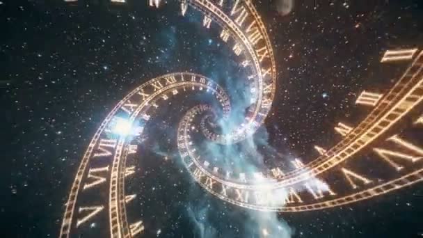 The composition of the space of time, the flight in space in a spiral of Roman clocks — Stock Video