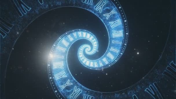 The composition of the space of time, the flight in space in a spiral of Roman clocks — Stock Video