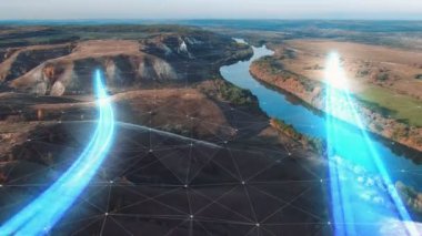 4 k hava manzara bilgi, veri akışı doğal peyzaj bir nehir ve dağ üzerinde yaymak kavramı