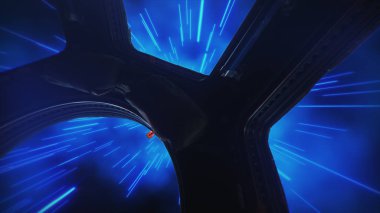 Soyut hiper atlamak, uzayda bir uzay gemisi görünümü penceresi 3B illüstrasyon, öğe Nasa tarafından bitmiş