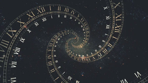 时间空间的构成, 在罗马钟表的螺旋中的空间飞行3d 例证 — 图库照片