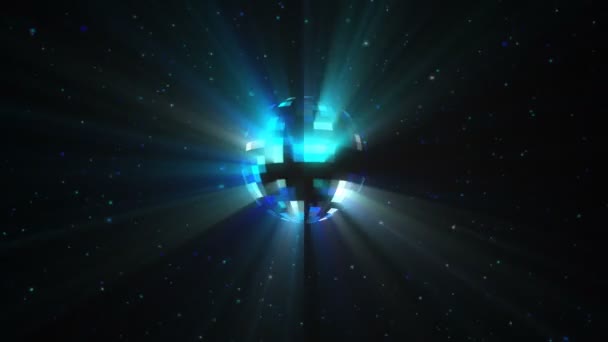 입자와 광선 다채로운 멀티 컬러 디스코 볼의 회전의 원활한 애니메이션 — 비디오