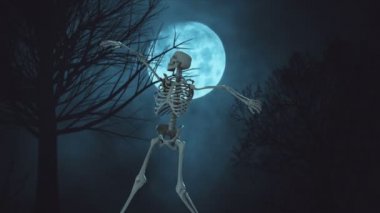 3D iskelet arka plan dolunay gece gökyüzü üzerinde dans ediyor. ay ışığı. bulutlar ve ay, güzel gece ürkütücü sorunsuz döngü arka plan