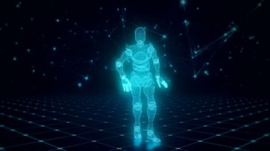 Dans eden mavi 3d küresel bağlantıları, sorunsuz döngü animasyon teknolojik arka plan kılavuzda katında çokgenler gelen parlak yapay zeka karakter