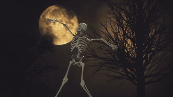 Taneční 3d kostlivec na pozadí úplněk noční oblohy. světlo měsíce. mraky a měsíc, krásné noční strašidelné bezešvé smyčka pozadí — Stock video