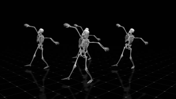 Drie dansende skeletten op een geïsoleerde zwarte achtergrond met reflecterende vloer, naadloze loops animatie — Stockvideo