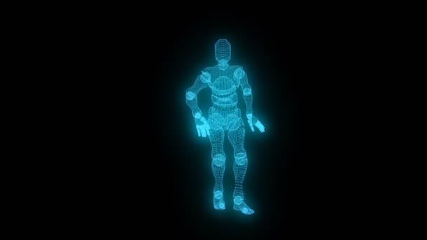 Танцюючий синій, що світиться 3d персонаж штучний інтелект з багатокутників на чорному ізольованому фоні безшовної циклічної анімації — стокове відео