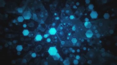 Uçan soyut teknolojik parlayan altıgenler arasında. Sorunsuz döngü animasyon. Finans, bankacılık, web teknolojileri veya sosyal arka plan için yüksek kaliteli 3d render.