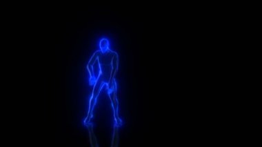 Mavi parlak karakter siyah bir izole arka planda dans