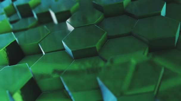 Abstract moving hexagonal green background with depth of field, seamless 3d loop animation — Stock Video