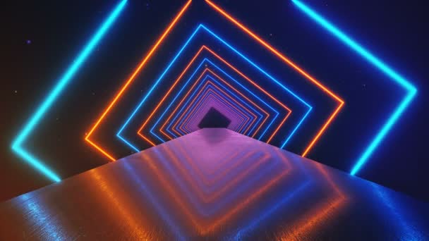 Fundo geométrico movimento abstrato, brilhando quadrados de néon criando um túnel rotativo, espectro roxo rosa azul, luz ultravioleta fluorescente, iluminação colorida moderna, animação de loop sem costura 4k — Vídeo de Stock