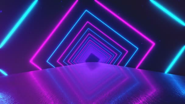 Sfondo geometrico astratto del movimento, quadrati fluorescenti al neon che creano un tunnel rotante, spettro viola rosa blu, luce ultravioletta fluorescente, illuminazione moderna colorata, animazione 4k loop senza soluzione di continuità — Video Stock