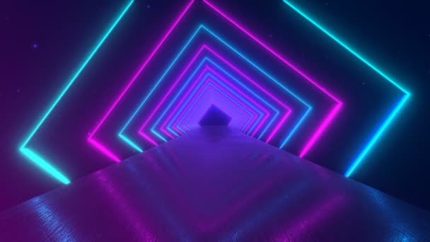 Sfondo geometrico astratto del movimento, quadrati fluorescenti al neon che creano un tunnel rotante, spettro viola rosa blu, luce ultravioletta fluorescente, illuminazione moderna colorata, animazione 4k loop senza soluzione di continuità — Video Stock