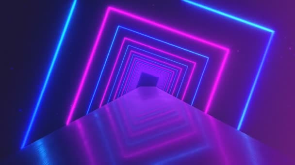 Volare attraverso brillanti quadrati al neon rotanti creando un tunnel, blu rosso rosa spettro viola, fluorescente luce ultravioletta, moderna illuminazione colorata, animazione loop 4k — Video Stock