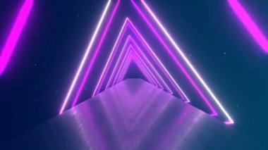 Parlayan neon üçgenler arasında uçmak bir tünel yaratmak, mavi pembe mor spektrum, floresan ultraviyole ışık, modern renkli ışıklandırma, 4k döngü animasyonu