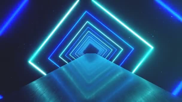 Voando através de brilhantes quadrados de néon rotativos criando um túnel, espectro azul, luz fluorescente, iluminação colorida moderna, animação de loop 4k — Vídeo de Stock