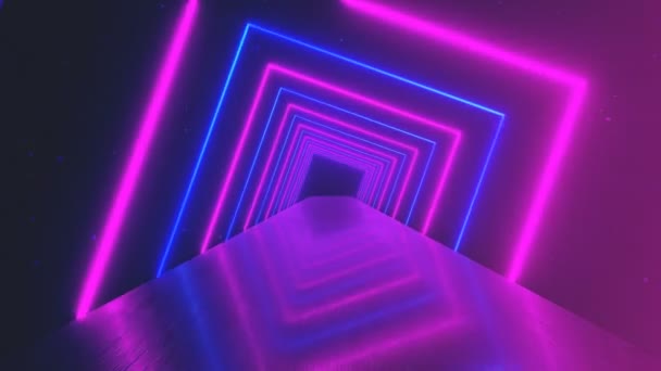 Flyger genom glödande roterande neon torg skapa en tunnel, blå röd rosa Violetta spektrumet, fluorescerande ultraviolett ljus, modern färgglad belysning, 4 k loop animation — Stockvideo