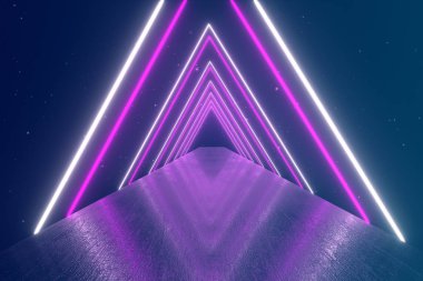 Bir tünel oluşturma parlayan dönen neon üçgenler ile uçan, mavi kırmızı pembe mor spektrum, floresan ultraviyole ışık, modern renkli aydınlatma, 3d çizim